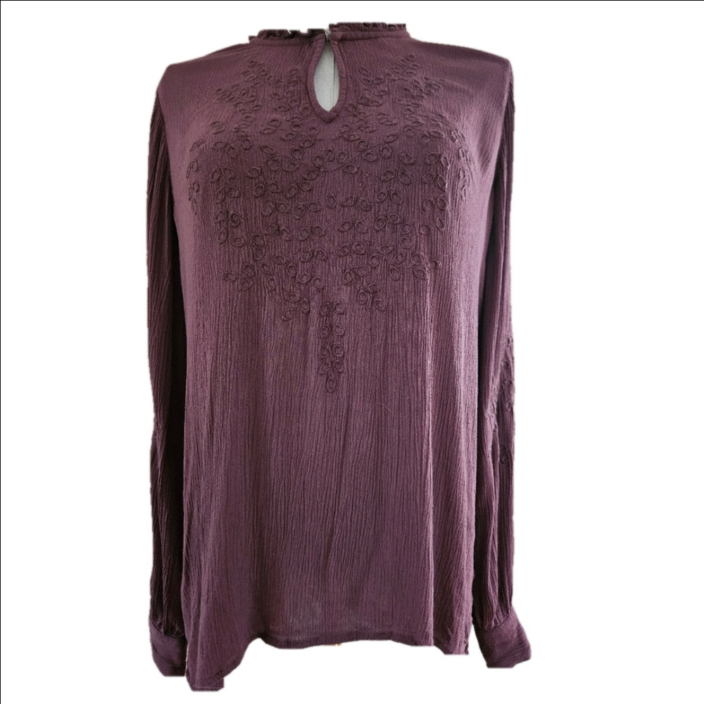 Simply Vera Wang Burgundy Rayon Long Sleeve Embroidered textured Blouse-Size XS